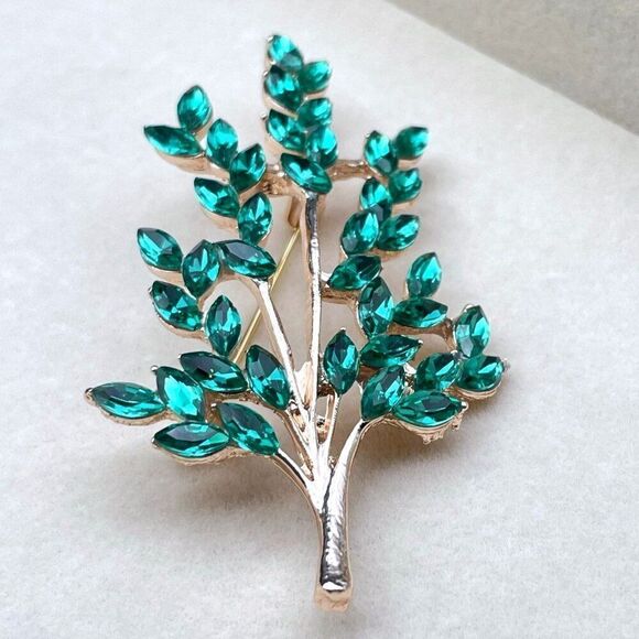 Rose Gold with Emerald Green Crystal Tree Branch with Leaves Pin Back Brooch - Picture 4 of 9